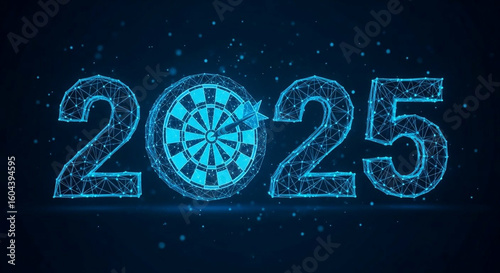 Futuristic 2025 new year with digital dartboard and glowing particles