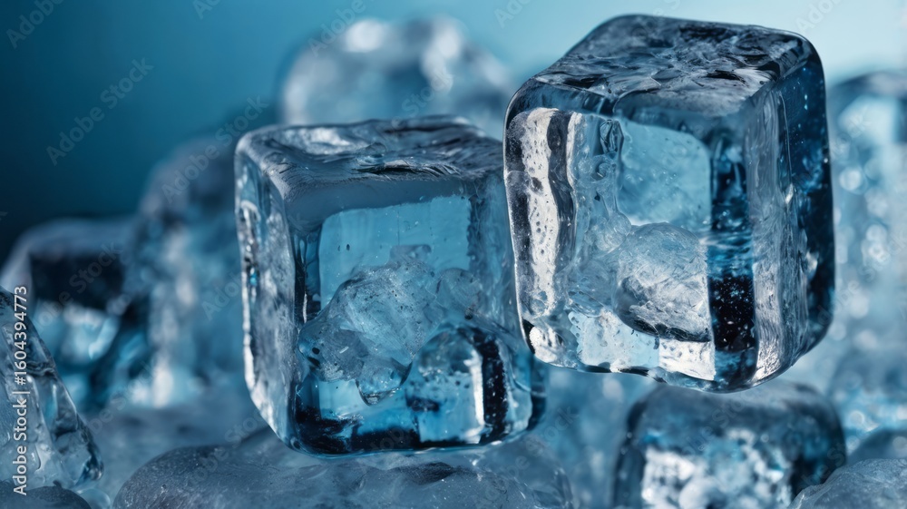 Obraz premium macro shot of ice cube with air bubbles inside, cold blue tones, frosty texture, crystal clarity