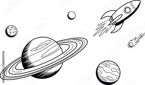 Illustration of a rocket ship flying near planets and a comet in space for a cosmic voyage theme design