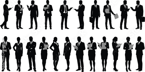 Collection of Diverse Business People Silhouettes: Men and Women in Professional Attire, Ideal for Corporate, Office, and Teamwork Concepts, cad drawing flat vector illustration.