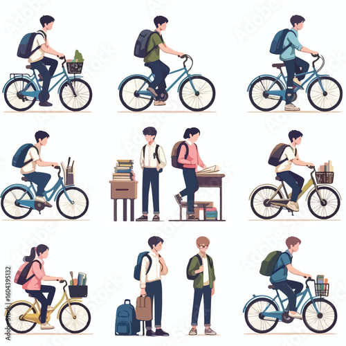 image of students going to school by bicycle with a simple and minimalist flat design using a white background