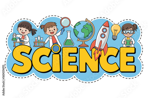 Cartoon illustration featuring the word science with children and scientific equipment around it
