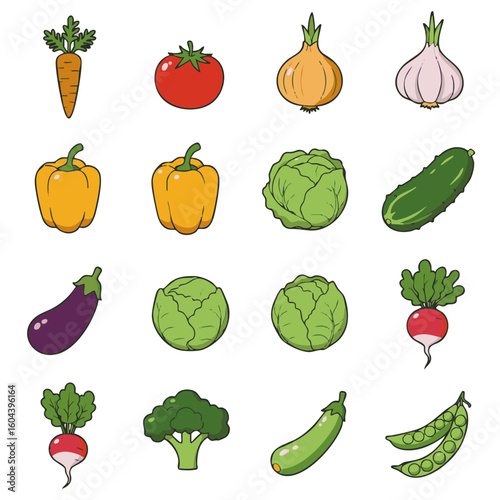 Kitchen Vegetables Flat Icons Isolated on White