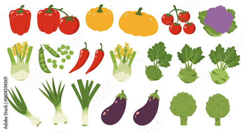 Colorful Market Vegetables Flat Icons Isolated