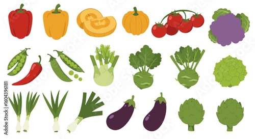 Colorful Market Vegetables Flat Icons Isolated