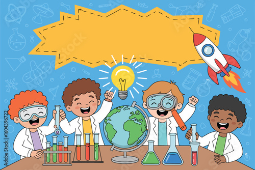 Cartoon illustration of four children in lab coats doing science experiments with a rocket and lightbulb