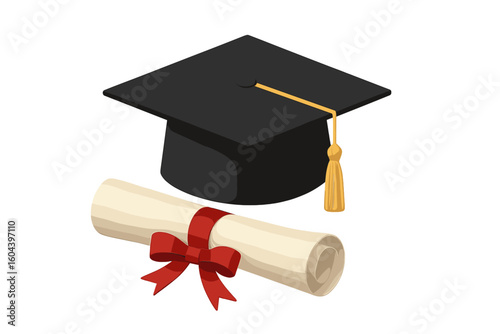 Graduation cap and diploma scroll with red ribbon. Black mortarboard hat of a university graduate. Academic symbol of educational achievement, degree, and commencement ceremony.