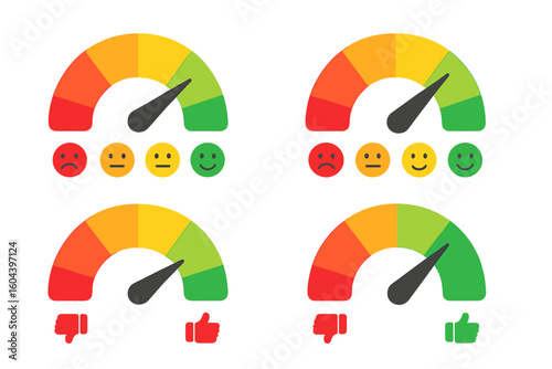 Customer satisfaction meter icon set. Feedback emoji scale from red to green. Gauge concept of performance, survey, review, and rating. Quality measurement symbol. Thumbs up.