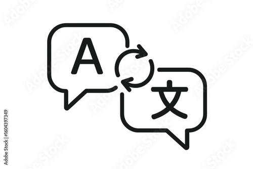 Language translation icon. Chat bubbles with multilingual communication symbol. Online translator pictogram. Foreign language learning app logo. International dialogue concept.
