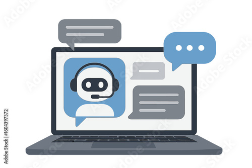 Chatbot assistant on laptop computer screen. Online communication with AI robot. Artificial intelligence technology concept for customer service, help desk, and virtual support.