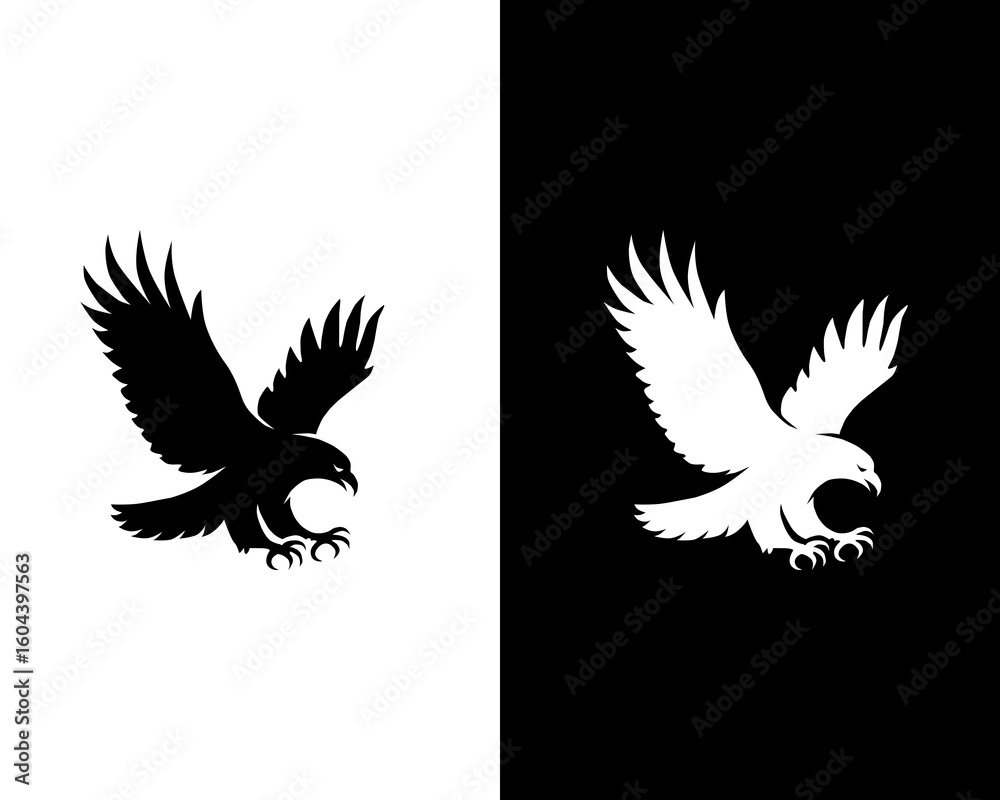 Obraz premium Flying Eagle Silhouette Set Black and White Flat Vector Illustration