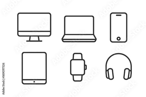Device line icon set with editable stroke. Technology icons collection. Computer, laptop, phone, tablet, smart watch, headphones. Modern digital gadget outline vector symbols.