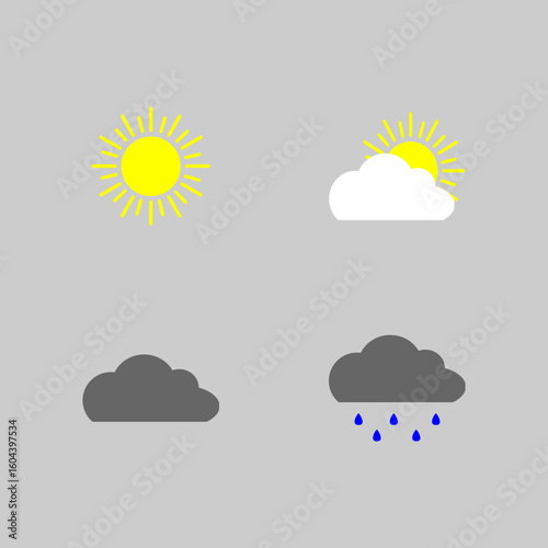 Simple Weather Icons Set with Sun, Cloud and Rain Flat Design