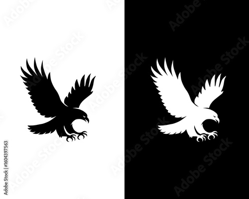 Flying Eagle Silhouette Set Black and White Flat Vector Illustration