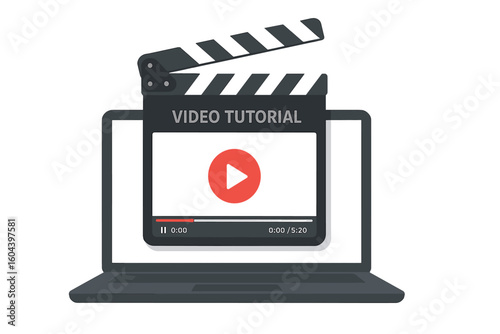 Video tutorial concept. Online movie and streaming service. Laptop with a video player on the screen and a clapperboard. E-learning, digital content and online cinema.