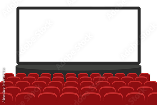 Cinema movie theater with blank white screen for copy space. Empty red seats in auditorium for film premiere or presentation. Vector illustration of a movie hall interior scene.