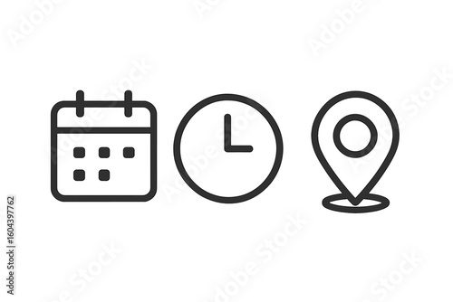 Date, time, and location icon set. Vector symbols for calendar, clock, and address pin. Simple outline art for web, app, and print. Meeting and event schedule concept.