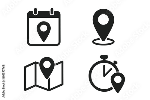 Date, time, and location icon set. Vector collection of calendar with pin, map marker, address pointer, and timer symbols. Concept for appointment, schedule, event, and navigation.