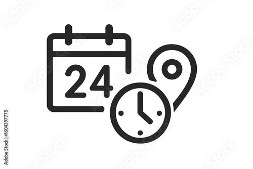 Date, time, and location icon set. Vector illustration for event schedule, appointment reminder, and meeting address. Simple line art symbols for web and print design.