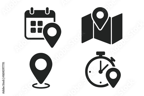 Date, time, and location icon set. Calendar with pin, map with pointer, and timer with location mark. Vector glyphs for appointment, schedule, address, and gps navigation.