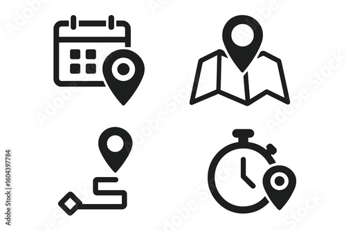 Date, time, and location pointer icon set. Calendar with pin, map with destination point, route navigation, and timer with place marker. Vector icons for address and events.