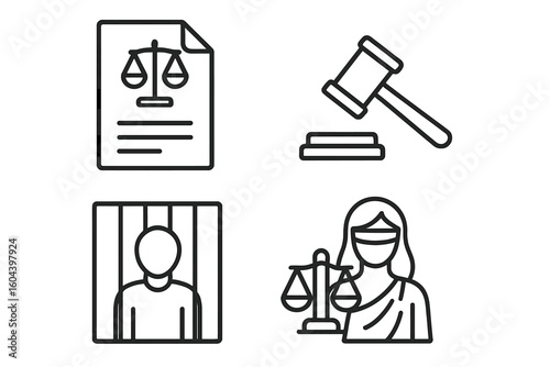 Law and justice icon set. Vector line art symbols for legal system, court, crime, and punishment. Judge gavel, prisoner in jail, Lady Justice scales, and legal document.