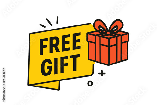 Free gift label with gift box icon. Promotional banner for marketing and advertising. Special offer sticker for sales and customer bonuses. Vector illustration isolated design.