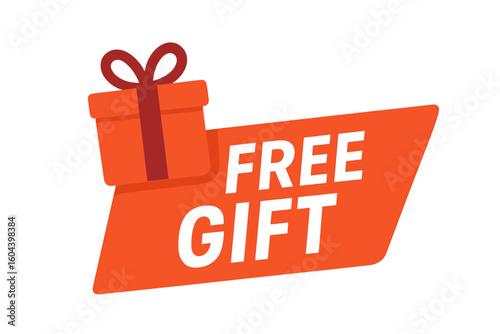 Free gift promotion label with gift box icon. Vector illustration banner for marketing. Special offer tag sticker isolated on transparent background. Bonus present concept.