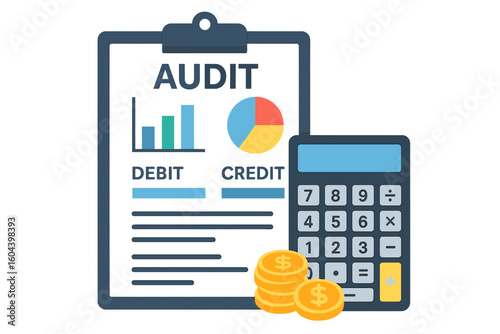 Financial audit concept with clipboard, graphs, and charts. Debit and credit calculation for accounting and taxes. Business financial report analysis with calculator and coins.