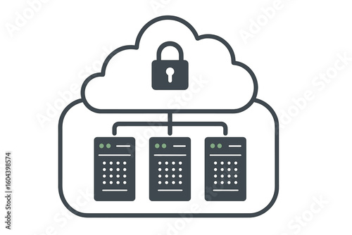 Cloud computing security concept. Data hosting servers connected to secure cloud storage. Network technology for information transfer. Online data center and database infrastructure.