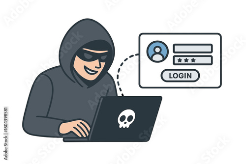 Hacker attack and cyber security concept. Phishing, data theft. Man in hoodie at laptop stealing password from login form. Vector illustration for web privacy and crime.