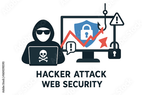 Hacker attack and web security concept. Cybersecurity vulnerability and phishing threat. Anonymous man at laptop, data breach and computer crime vector illustration.