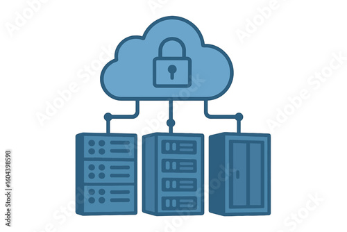 Data hosting servers connected to secure cloud. Cloud data storage & network technology. Online cloud computing, server cabinets for memory, information transfer vector icon.