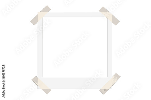 Blank instant photo frame with adhesive tape. Empty picture mockup template. Retro memory photograph border for design. Vector illustration isolated on transparent background.