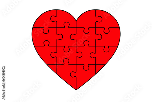 Red heart made of jigsaw puzzle pieces. Vector illustration of love, romance and relationship concept. Teamwork, connection and solution metaphor. Charity and donation symbol.