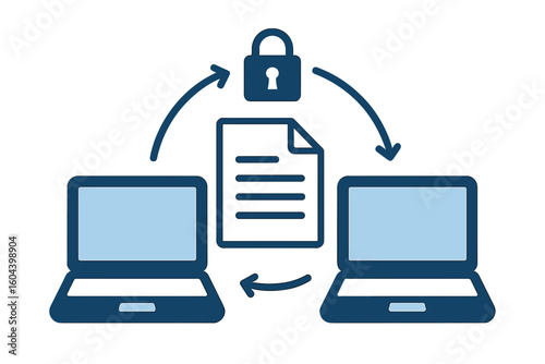 Secure file transfer concept. Data exchange and document sharing between two computers. Encrypted information transmission and network backup technology vector illustration.