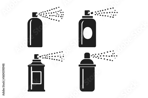 Spray can icon set. Aerosol bottle silhouette collection. Graffiti paint, deodorant, hairspray, air freshener or cleaner symbol. Vector graphic element for design.