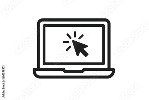 Laptop computer icon with mouse cursor clicking. Click symbol. Vector for online services, web design, e-commerce, internet browsing. Notebook mock up front view. Digital.
