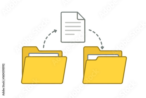 File transfer and data sharing vector illustration. Moving and copying a digital document from one folder to another. Information exchange, documentation, and archive management concept.