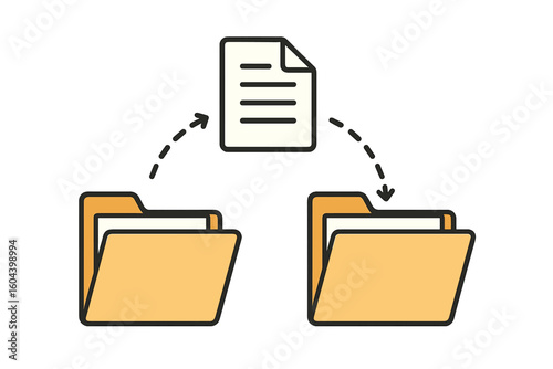 File transfer and data sharing concept. Moving a document from one folder to another. Copying, backup, and archiving of digital files. Document management and organization.