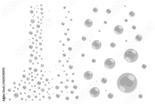 Fizzing air bubbles stream. Realistic clear water drops. Vector set for soda pop, champagne, or soap suds design. Underwater oxygen bubbles. Sparkling carbonated liquid.