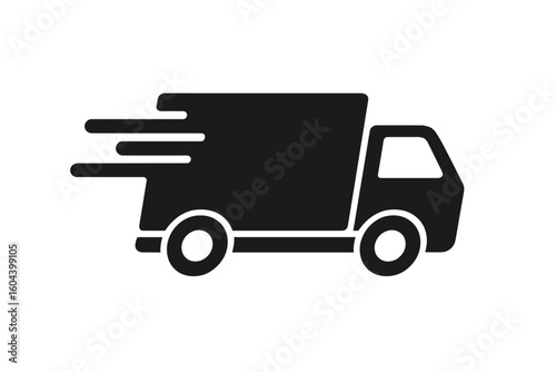 Fast delivery truck icon. Cargo van moving fast for express shipping and logistics service. Commercial vehicle silhouette for freight transport. 24/7 service label vector.