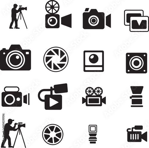 Professional Photography and Videography Icon Set in Black Silhouette Style for Creative Media Projects
