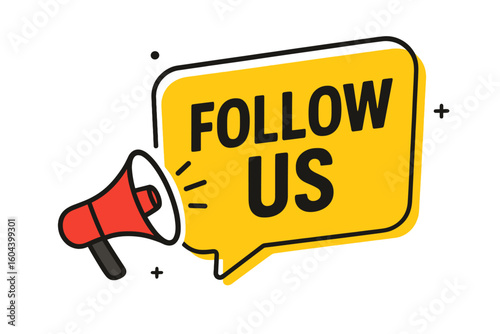 Follow us banner with megaphone. Social media marketing and advertising concept. Loudspeaker for promotion and announcement. Subscribe to our blog or channel. Join us icon.