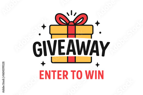 Giveaway enter to win social media post template. Promotion design for website banner. Win a prize concept. Gift box illustration with modern typography lettering.