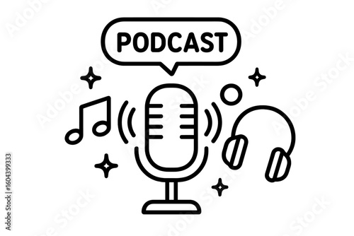 Podcast microphone icon for radio show, webinar, or audio blog. Live streaming and online training concept. Vector logo with headphones, music note, and sound wave.