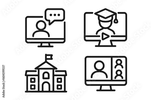 E-learning education icon set. Online course and webinar concept. Video conference and lesson. Distance learning and graduation. University, school, and study. Virtual classroom.