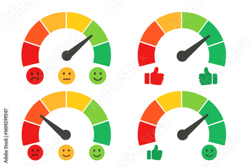 Customer satisfaction meter for user feedback. Gauge with emotions. Smiley faces and thumbs up icon set. Performance indicator, credit score scale. Quality and risk level rating.