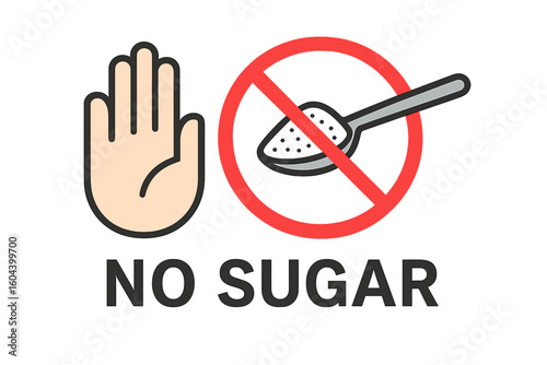 No sugar sign with stop hand gesture. Sugar-free lifestyle concept. Ban on sweets and unhealthy food. Diabetes prevention and diet vector icon. Spoon with sugar warning symbol.