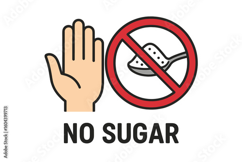 No sugar sign vector icon. Hand gesture refuses sweets. Sugar-free product label. Concept for healthy lifestyle, diet control, and diabetes prevention. Stop harmful food.